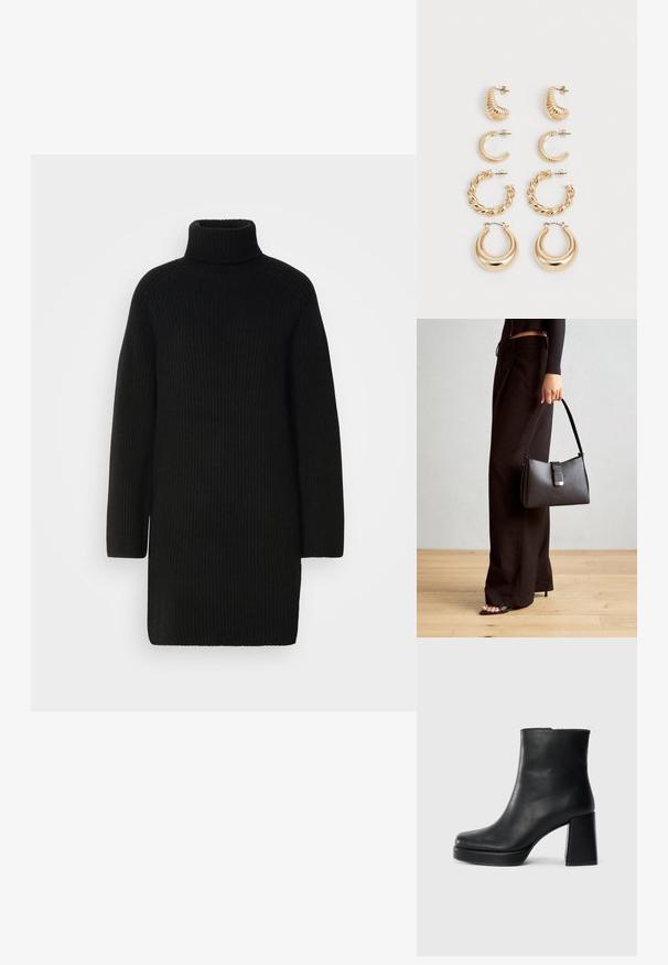 Fekete kötött pulóverruha magas garbóval, hosszú ujjal és bordázott mintával. Egyenes szabás, oldalsó hasítékokkal az alján.; Fekete bőr bokacsizma tömbsarkal és platform talppal, oldalról nézve, sima fehér háttéren.; Fekete kézi táska strukturált formával, sima textúrával és fémből készült záródással. Széles fekete nadrággal és nyitott orrú szandállal párosítva, fából készült padlón.; Öt darab arany fülbevaló szett, különböző mintákkal: csavart, bordázott és sima felületek karika és félhold formákban.