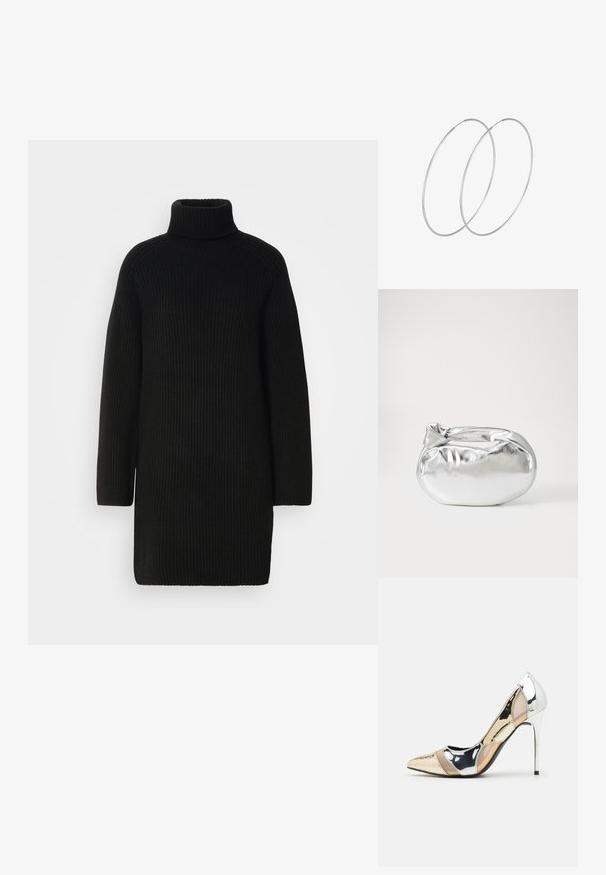 Mustmust, musta kõrge kaelusega kampsun, pika varrukaga ja ribakudumisega. Sirge lõige, külgedel lõhikute jaotusega.; Kitsas toe kõrge kontsaga kingad, millel on hõbedane, kuldne ja nude värvilahendus. Läikiv viimistlus lõikekujundusega, stiletto konts.; Hõbedane metallikoti kott pehme, ümar kuju ja sõlme ülemise sulgemisega. Valmistatud siledast kunstnahast materjalist.; Hõbedased rõngastikkaehingad minimalistlikus disainis. Ümar kuju, sile tekstuur ja õhuke profiil. Kerged ning poleeritud viimistlusega.