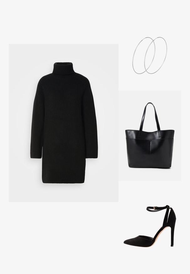 Mustmust, musta kõrge kaelusega kampsun, pika varrukaga ja ribakudumisega. Sirge lõige, külgedel lõhikute jaotusega.; Mustad sametist kõrged kontsad terava varbaga, pahkluu rihmaga ja stilettokontsaga. Disain on lihtne ja sujuva tekstuuriga, minimaalse detailitööga.; Must mustaga musta nahast, millel on kaks pikka kanda, sile tekstuur ja struktureeritud kuju. Esipoolsel on lisakoti jaoks tasku.; Hõbedased rõngastikkaehingad minimalistlikus disainis. Ümar kuju, sile tekstuur ja õhuke profiil. Kerged ning poleeritud viimistlusega.