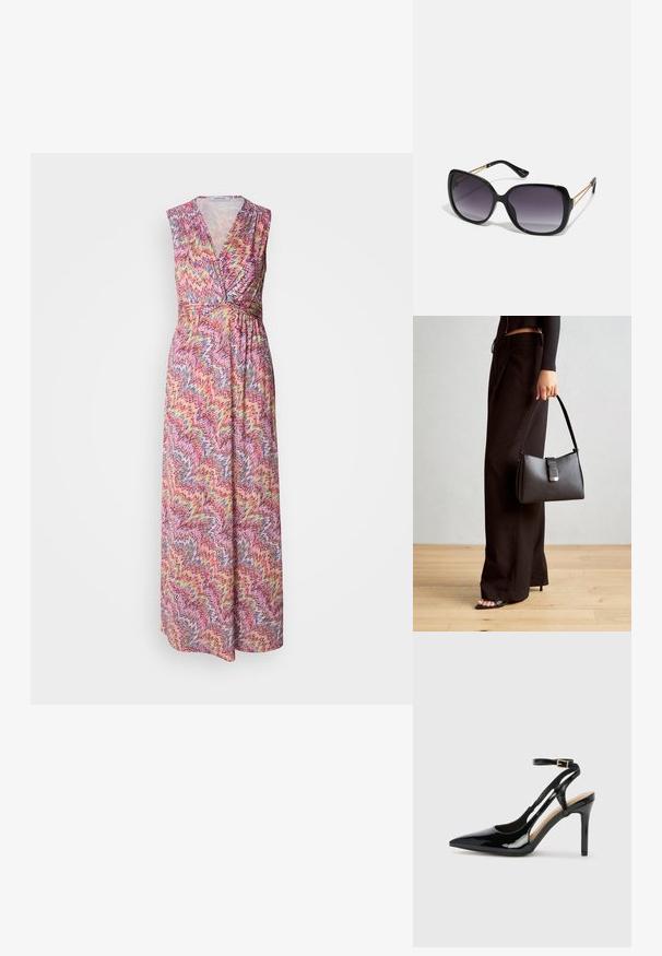 Robe maxi avec un décolleté en V, sans manches. Fabriquée en tissu léger, arborant un motif en zigzag coloré dans des tons de rose, jaune et bleu.; Escarpin en cuir verni noir à talon haut, avec un bout pointu, une bride réglable à la cheville et des côtés ouverts. Texture lisse.; Lunettes de soleil noires surdimensionnées avec des verres dégradés, monture épaisse et détails en chaîne dorée sur les branches.; Sac à main noir à la forme structurée, texture lisse et fermoir métallique. Associé à un pantalon noir ample et des sandales ouvertes sur un sol en bois.
