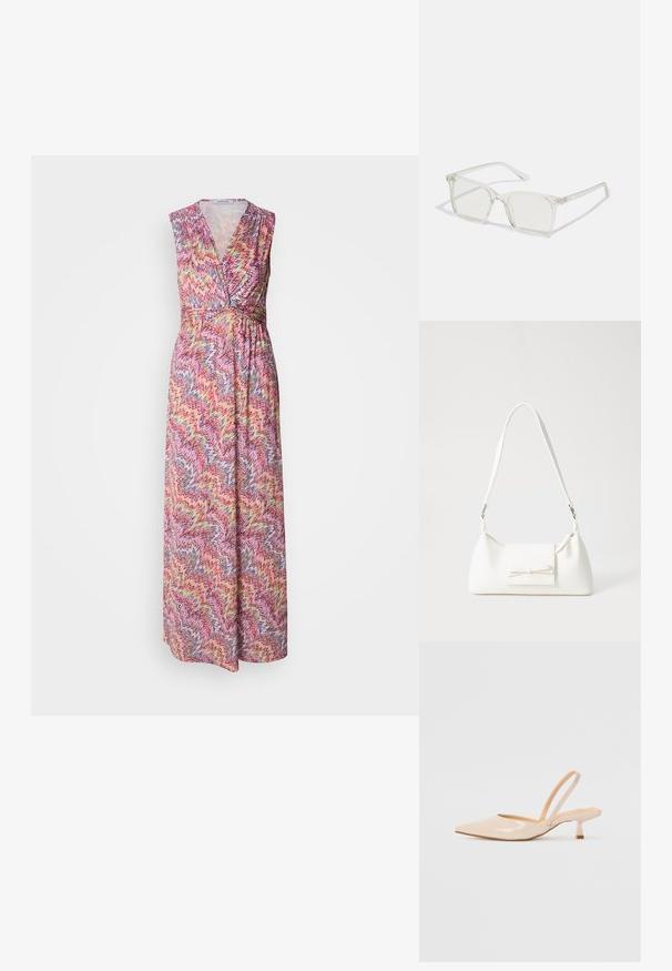 Maxi klædning med V-udskæring og ærmeløs design. Lavet af letvægtsstof med et farverigt zigzag mønster i pink, gul og blå.; Beige patenteret læder slingback høje med spids tå og en slank, firkantet hæl. Glat tekstur og minimalistisk design uden udsmykninger.; Klare plastiske briller med firkantet ramme og gennemsigtige linser, der har guld accenter på tempelstængerne for ekstra detaljer.; Hvid syntetisk håndtaske med en trekantet form, flad forsideklap og sløjfedetalje, justerbar strop, glat tekstur og minimalistisk design.