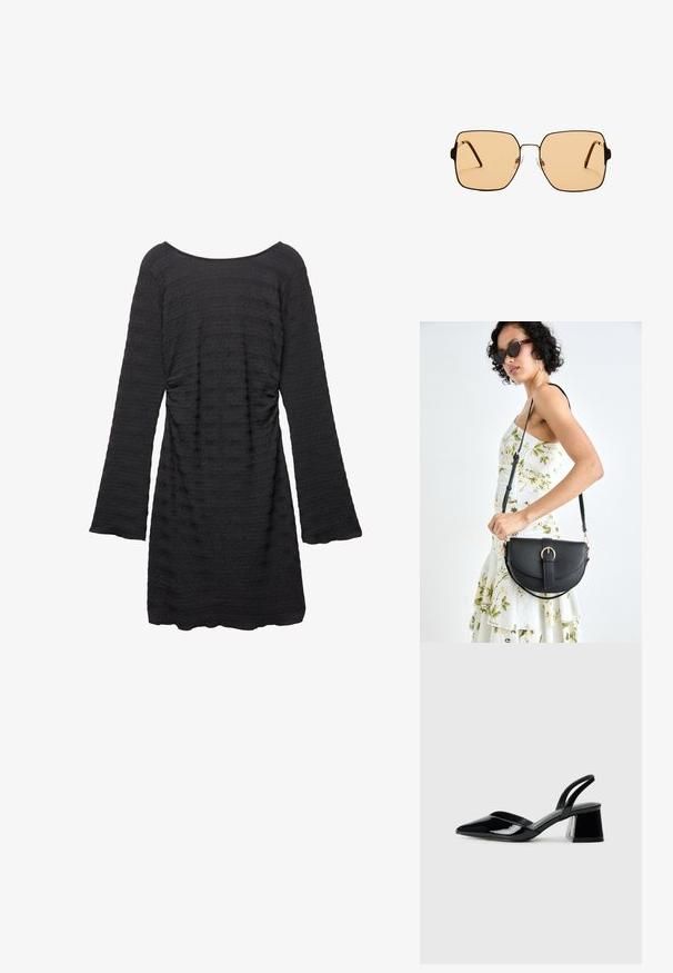 Schwarzes Kleid mit langen Glockenärmeln, strukturiertem Stoff mit horizontalen Streifen, rundem Ausschnitt und gerafften Seitendetails.; Schwarze Lackleder-Slingback-High Heels mit spitzem Schuh und einem geometrischen Blockabsatz. Verfügt über ein schlankes, minimalistisches Design und eine glatte Textur.; Quadratische Sonnenbrillen mit braunen Gläsern und einem dünnen schwarzen Metallrahmen. Verfügt über schräg gestaltete Bügel und verstellbare Nasenpads für zusätzlichen Komfort.; Schwarze Lederhandtasche mit geschwungener Form, abnehmbarem Tragegurt und goldenen Beschlägen. Die Tasche verfügt über einen Deckel mit einer Schnallen-Details.