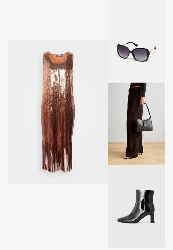 Bronz színű flitteres ruha ujjatlan dizájnnal, kerek nyakkivágással és fránk részletekkel az alján, ami csillogó hatást kelt.; Fekete lakk bőrcipő bokáig érő, hegyes orral és közepes magasságú tömbsarokkal. Simább textúrával és minimalista dizájnnal rendelkezik.; Fekete, oversize napszemüveg fokozatos árnyalatú lencsékkel, vastag kerettel és arany színű lánc díszítéssel a szárakon.; Fekete kézi táska strukturált formával, sima textúrával és fémből készült záródással. Széles fekete nadrággal és nyitott orrú szandállal párosítva, fából készült padlón.