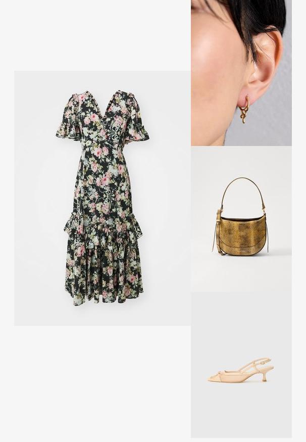 Needle & Thread ENCHANTED GARDEN EVA CREPE BALLERINA DRESS - Kokteiļkleita/ballīšu kleita - graphite; Stuart Weitzman KITTY - Klasiski papēži - beige/barely beige; Vanessa Bruno MINI DAILY BAG - Plecu soma - camel; Zelta auskari ar organisku, plūstošu dizainu, kas izceļ teksturētas akcentus un gludu apdari, valkāti caurdurtā ausī.