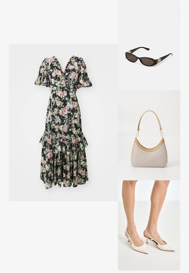 Needle & Thread ENCHANTED GARDEN EVA CREPE BALLERINA DRESS - Vestido de cóctel - graphite; Tacones slingback de charol beige con punta afilada y un tacón de 5 cm, con lados recortados y una delgada correa en el tobillo.; Gafas de sol carey con lentes ovalados alargados, tintado marrón, acentos de logo dorado en las patillas y brazos negros elegantes.; Bolso de mano beige con un patrón y forma curva, acentos de cuero y un logo tono dorado en la parte frontal. Cuenta con un asa corta para un fácil transporte.; Collar de perlas y cristales con un diseño redondo y abalorado en tonos suaves, que presenta perlas alternadas y acentos brillantes, llevado alrededor del cuello.