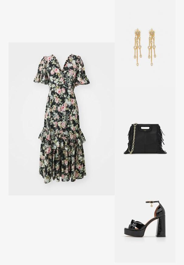 Needle & Thread ENCHANTED GARDEN EVA CREPE BALLERINA DRESS - Kokteiļkleita/ballīšu kleita - graphite; Maje Augstpapēžu sandales - noir; Melna ādas rokassoma ar frizūras detaļām, zelta ķēdes plecu siksnu un izgrieztu rokturi. Ir logotipa novietojums priekšpusē.; Zelta tonī auskari ar vairākiem kaskādes ķēdēm, kas rotāti ar caurspīdīgiem ovāliem rhinestone akcentiem un dekoratīvām pīrsingiem.