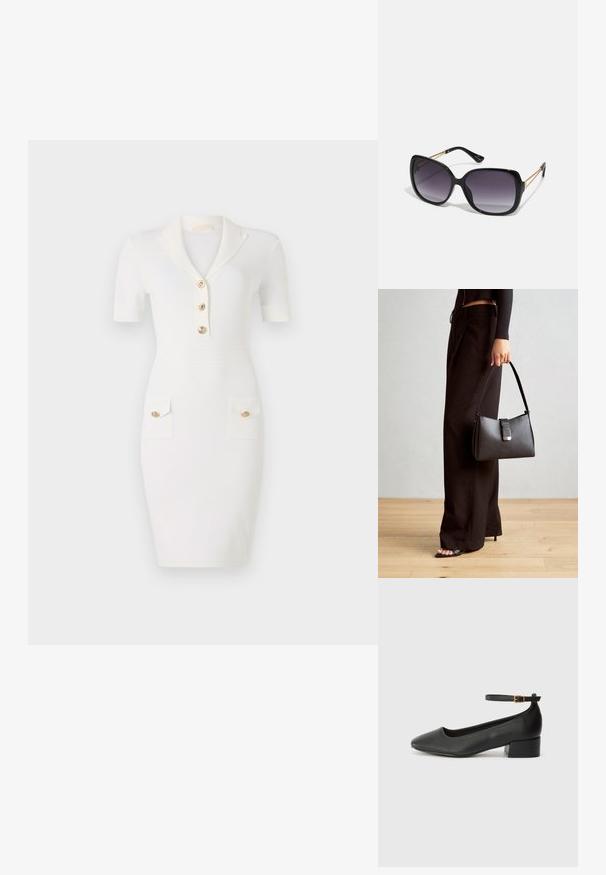 Vestido branco ajustado com mangas curtas, colarinho e três botões dourados. Apresenta duas bolsos com detalhes em botões dourados. Textura suave.; Sandal de pele preta com bico pontiagudo e um salto bloco baixo. Apresenta uma tira no tornozelo com uma fivela em tom dourado. Textura suave.; Óculos de sol oversized pretos com lentes degradê, armações grossas e detalhes em corrente dourada nas hastes.; Bolsa preta com forma estruturada, textura suave e um fecho metálico. Combinada com calças largas pretas e sandálias de salto aberto sobre um chão de madeira.