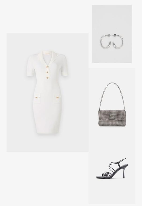 Bela obleka s kratkimi rokavi, ovratnikom in tremi zlatimi gumbi. Ima dve žepni sponki z zlatimi gumbnimi poudarki. Gladka tekstura.; Črne visoke sandale na peto imajo tanke naramnice z vozlom, gladek kvadratni toe in eleganten stiletto peto.; Svetlo siva kovinska torbica z verižnim ročajem, okrašena z majhnimi okroglimi kovinskimi bleščicami in trikotnim logotipom blagovne znamke.; Srebrne obročaste uhane z gladko, sijočo površino. Zaobljena oblika, lahka zasnova, z zapiranjem na zatič.