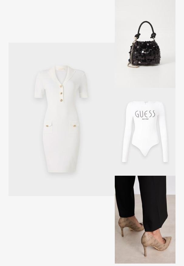 Biele priliehavé šaty s krátkymi rukávmi, golierom a tromi zlatými gombíkmi. Obsahujú dve vrecká s akcentmi zo zlatých gombíkov. Hladká textúra.; Biely dlhý rukáv body s okrúhlym výstrihom. Na prednej strane sa nachádza čierne logo "GUESS" a nápis "EST.1981". Hladká textúra.; Béžové lodičky na vysokom opätku s textúrovanou tkaninou a opakujúcim sa vzorom. Dizajn so špicatou špičkou, zadným akcentom a zlatým detailom na opätku.; Čierna mini kabelka so štrasom, s uzlovým textúrovaným popruhom a strieborným reťazom. Guľatý tvar s riaseným vrchom a reflexnými detailmi.