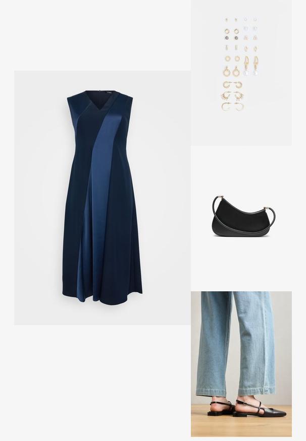 Rochie fără mâneci, cu decolteu în V, de culoare albastru închis, având detalii din satin texturat, cu o formă A-line și un design drapat, ajungând până la jumătatea gambei.; Pantofi slingback din piele neagră, cu vârf ascuțit, toc plat și curea la gleznă; purtați cu blugi cu picioare late, de culoare albastru deschis.; Geantă de umăr din piele neagră cu un design curbat, având o curea texturată și accesorii aurii la închiderea de sus. Finish neted.; Set de cercei aurii, cu diverse designuri, inclusiv cercei tip stud, cercei hoop și cercei lungi cu perle și strassuri.