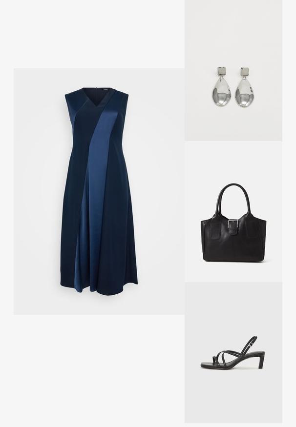 Sleevless, v-halskjole i mørkeblå med en teksturert satindetalj, med A-formet silhuett og drapert design som når midt på leggen.; Sorte sandaler med stropper, firkantet tå og lav blokk hæl. Har flere tynne stropper og en justerbar ankelstropp. Laget av glatt lær.; Svart skinn toteveske med jevn tekstur, strukturert form, to håndtak og en fremtredende sølvspenne foran.; Sølv dråpeøreringer med firkantet studs, med en glatt, polert overflate og en tåreformet design som reflekterer lys med en blank overflate.