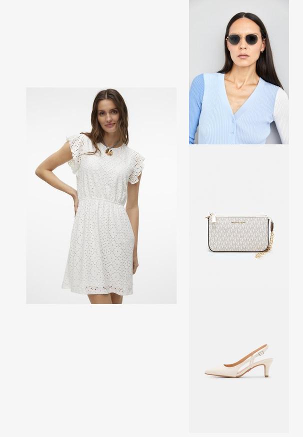 Vit blus med hålmönster och volangärmar, åtsittande midja och geometriskt utskärningsmönster. Slät textur och knä-lång design.; Vit slingbackklack med spetsig tå, slät ovandel, låg blockklack och sidoutskärning med justerbar spänne.; Runda solglasögon med mörka linser och guldramar. Modellen bär en ljusblå, ribbad cardigan med knappar och kontrasterande vita ärmar.; Michael Kors handledos i beige belagd kanvas med ett upprepande MK-logomönster, gyllene detaljer och ett avtagbart kedjehandtag.