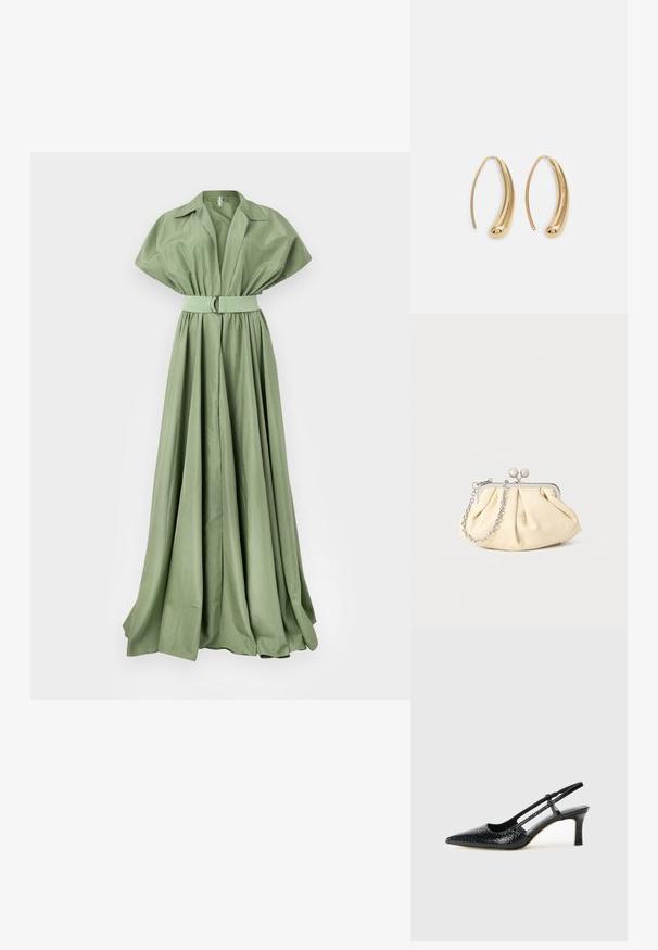 Vestido maxi em verde claro, feito de tecido suave. Apresenta um decote com gola, mangas largas e uma cintura com cinto e fivela circular.; Salto slingback em patente preta com bico apontado, apresentando um padrão de pele de cobra texturizado, tira ajustável e um salto bloco curto e texturizado.; Clutch de couro bege plissado com uma estrutura de metal prateado, apresentando dois fechos decorativos redondos e uma alça de corrente prateada.; Brincos em metal dourado com forma de arco alongado e curvado. Apresentam uma superfície lisa e brilhante, com uma ponta arredondada para um detalhe adicional.