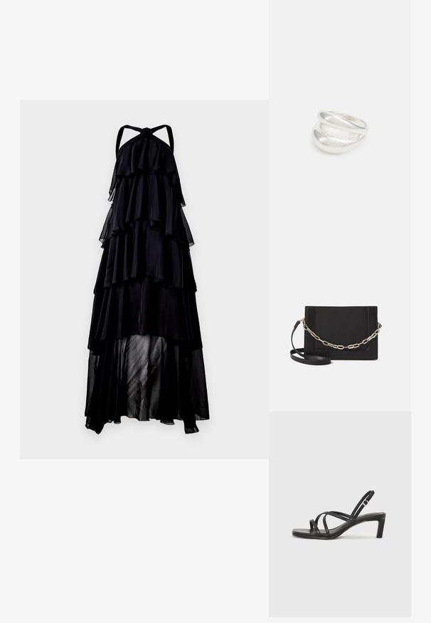 Mustmust ripp-sandali musta kleit, millel on kihilised frillid, kerge läbipaistev tekstuur ja pikk voolav siluett. Sõlm üksikasjalikus kaelas.; Mustast rihmajalatsid ruudukujulise varba ja madala ploki kontsaga. Omab mitmeid õhukesi rihmasid ja reguleeritavat pahkluu rihma. Valmistatud siledast nahast.; Mustast nahast õlakott, mis omab siledat tekstuuri, ristküliku kuju ning esiküljel metallketi detaili. Reguleeritav rihm on kaasas.; Hõbedane kahekordne rõngas sujuva, poleeritud pinnaga. Omab voolavat, kõverat disaini, millel on kattuvad sektsioonid, et saavutada kaasaegne ilme.