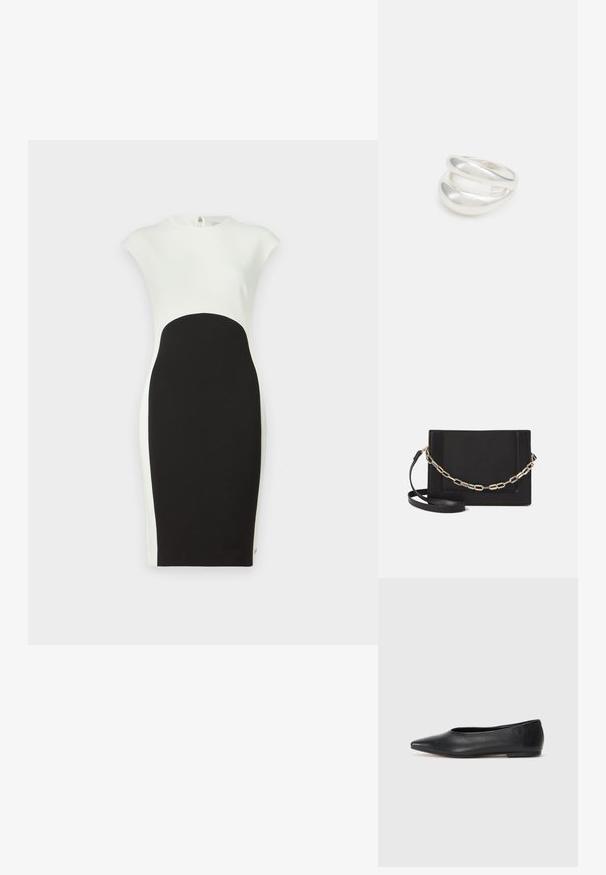 Mustvalge sobituv kleit kapukäistega; must keskosa ümmarguse paneeliga, sile tekstuur ja peidetud tagazipper.; Musthave mustris balletkingad, terav nina, minimaliseeritud disain, sile pind, madal konts, ilma nähtava riistvara või kaunistusteta.; Mustast nahast õlakott, mis omab siledat tekstuuri, ristküliku kuju ning esiküljel metallketi detaili. Reguleeritav rihm on kaasas.; Hõbedane kahekordne rõngas sujuva, poleeritud pinnaga. Omab voolavat, kõverat disaini, millel on kattuvad sektsioonid, et saavutada kaasaegne ilme.