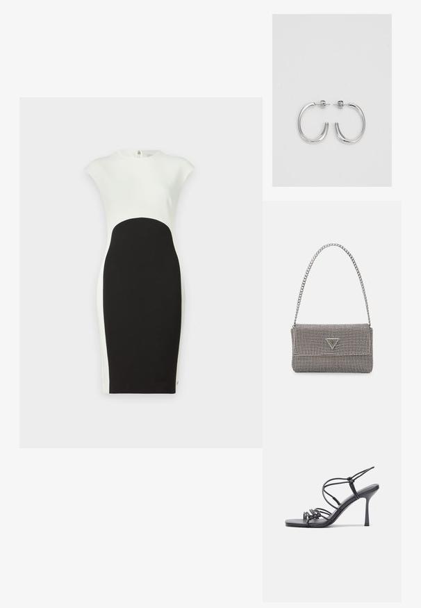 Čiernobiele obtiahnuté šaty s krátkymi rukávmi; čierna stredná časť s okrúhlym panelom, hladká textúra a skrytý zips na chrbte.; Čierne sandále na vysokom podpätku majú tenké remienky s uzlovým dizajnom, hladký štvorcový špičku a elegantný stiletto podpätok.; Svetlošedá metalická kabelka s reťazovým popruhom, ozdobená malými kruhovými kovovými štítkami a trojuholníkovým logom značky.; Strieborné kruhové náušnice s hladkým a lesklým povrchom. Okrúhly tvar, ľahký dizajn, s uzáverom na kolík.