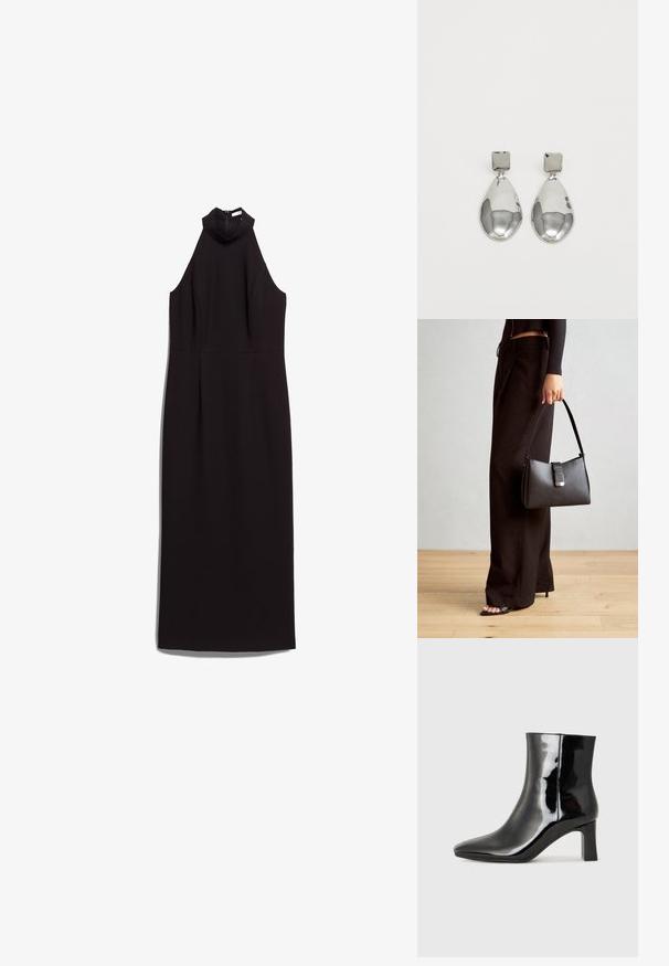 Robe noire sans manches avec un col haut, un corsage ajusté et une silhouette droite. Fabriquée en tissu lisse avec une fermeture éclair au dos dissimulée.; Bottines en cuir verni noir avec un bout pointu et un talon block de hauteur moyenne. Texture lisse et design minimaliste.; Sac à main noir à la forme structurée, texture lisse et fermoir métallique. Associé à un pantalon noir ample et des sandales ouvertes sur un sol en bois.; Boucles d'oreilles en argent avec un clou carré, présentant une finition lisse et polie ainsi qu'une forme en goutte d'eau, réfléchissant la lumière grâce à une surface brillante.