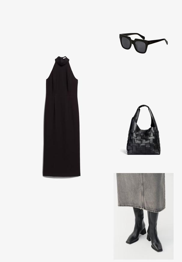 Černé bezramínkové šaty s vysokým výstřihem, přiléhavým korzetem a rovnou siluetou. Vyrobené z hladké tkaniny s skrytým zadním zipem.; Černé kozačky do půli stehen z hladké kůže se čtveratou špičkou a blokovým podpatkem. Nosené s šedou džínovou sukní s třepeným lemem.; Černé obdélníkové sluneční brýle s širokými plastovými obroučkami a tmavými skly. Stranice jsou štíhlé s lesklým povrchem a minimálním označením značky.; Černá kožená tkaná taška s uvolněným tvarem a širokým ramenním popruhem. Má texturovaný, propletený design s hladkým povrchem.