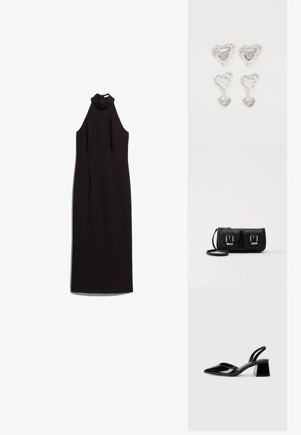 Črna brezrokavna obleka z visokim ovratnikom, prilegajočim se korzetom in ravno silhueto. Narejena iz gladkega materiala z zakritim zadrgo na hrbtni strani.; Črne lakirane slingback pete s koničastim nosom in geometrijsko blokasto peto. Imajo eleganten, minimalističen dizajn in gladko teksturo.; Črna usnjena torbica čez ramo z dvema sprednjima žepoma, zlatimi zaponkami, zadrgo in ozkim pasom. Tekstura površine je strukturirana, obliko pa ima kompaktno pravokotno.; Srebrni uhani v obliki srca vsebujejo fasetirane prosojne kamne ter teksturiran okvir. Komplet vključuje stenske in viseče sloge.