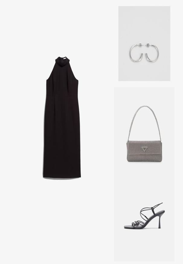 Rochie neagră fără mâneci, cu un decolteu înalt, bust ajustat și siluetă dreaptă. Fabricată dintr-un material neted, cu un fermoar ascuns la spate.; Sandale negre cu toc înalt au curele subțiri cu un design legat, un vârf pătrat neted și un toc stiletto elegant.; Geantă metalică gri deschis, cu un strap din lanț, decorată cu mici ținte circulare metalice și un logo de marcă triangular.; Cercei rotunzi din argint cu un finisaj neted și strălucitor. Design ușor, având o formă rotundă și închidere cu tijă.