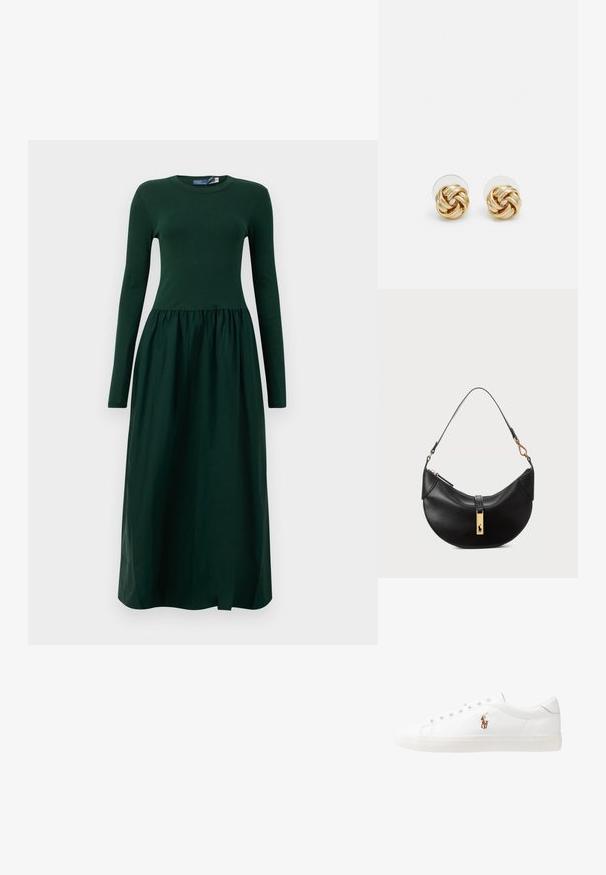Vestido de manga larga, de color verde oscuro, con un ajuste ceñido en la parte superior y una falda fluida y recogida. Fabricado en una tela suave, con escote redondo y largo hasta los tobillos.; Zapatillas de cuero blancas, diseño de corte bajo, con una textura suave, puntera redonda, cordones en la parte delantera y un pequeño logo bordado en el lateral.; Bolso de cuero negro en forma de media luna. Presenta un acento de hardware dorado y una correa estrecha. Textura suave, cierre de cremallera en la parte superior.; Pendientes de botón en tono dorado con un diseño retorcido. Cada pendiente cuenta con un respaldo circular transparente para una sujeción segura.