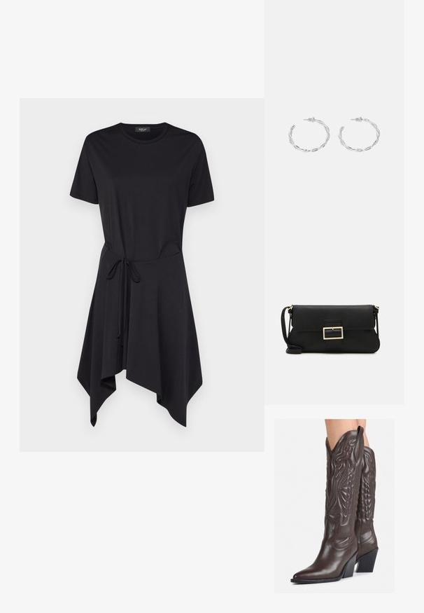 Replay Jurk - black; Bruine leren cowboylaarzen met een spitse neus en blokhak, voorzien van gedetailleerde stiksels en verhoogde accenten op de schacht.; Zwarte leren clutch met een klep en een gouden metalen sluiting. Inclusief een zwarte schouderband en een slank, minimalistisch ontwerp.; Zilveren creolen met een gedraaide ontwerp, voorzien van een gepolijste afwerking en een post-back sluiting. Meet ongeveer 3 cm in diameter.