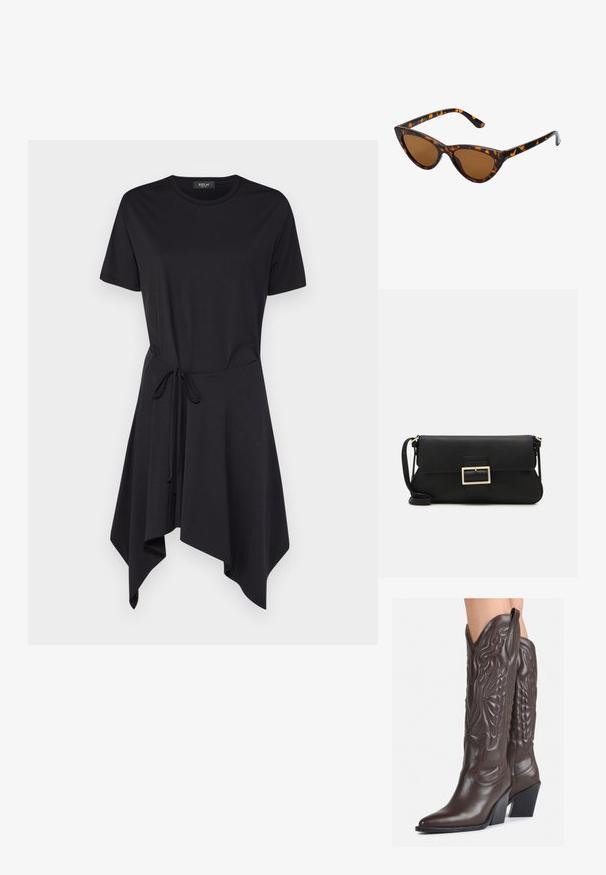 Replay Jurk - black; Bruine leren cowboylaarzen met een spitse neus en blokhak, voorzien van gedetailleerde stiksels en verhoogde accenten op de schacht.; Cat-eye zonnebril met een zwart en oranje schildpadframe, bruine lenzen en slanke, puntige uiteinden. Bevat een minimalistisch logo op de poot.; Zwarte leren clutch met een klep en een gouden metalen sluiting. Inclusief een zwarte schouderband en een slank, minimalistisch ontwerp.