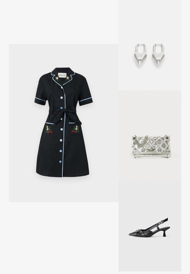 Helmstedt FIONA DRESS - Särkkleit - black; Must must have must toote tõmblukuga, dekoratiivsed rihmad metallist silmadega ja madal blokk-kand. Tekstureeritud pind.; Hõbedane metallist käekott ahelakäepidemega, koos tepitud tekstuuri, dekoratiivse õmbluse ja lukuga. Esiküljel on embosseeritud aktsendid.; Hõbedased südamekujulised lukuvidinad, millel on kohandatud "JAA" ja "EI" tekst, poleeritud viimistlus, sümmeetriline disain ja tugev metallist klamber.