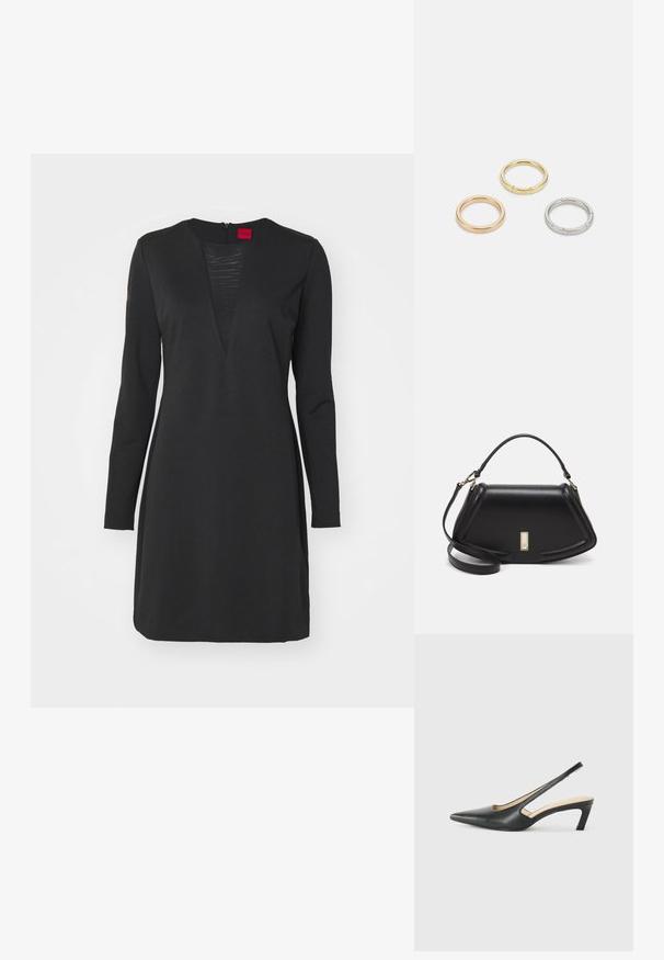 Fekete, hosszú ujjú ruha V-kivágással és függőleges textúrált panellel. Simább anyagból készült, amely hátul rejtett cipzárral rendelkezik.; Fekete, hegyes orrú, slingback cipő alacsony sarkával, sima bőrből készült, oldalt kivágott deisgnal a légáteresztőképesség érdekében.; Fekete bőr kézitáska, strukturált dizájnnal, rövidített formával, felső fogantyúval és arany színű kiegészítőkkel. Állítható vállpánt is tartozik hozzá.; Három fémgyűrű: az egyik rose gold, a másik texturált akcentusokkal ellátott arany, a harmadik pedig ezüst, mindegyiken gravírozott márkajelzés található a belső sávon.