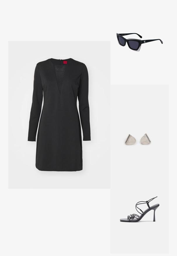 Melna kleita ar garām piedurknēm, V veida izgriezumu un vertikāliem teksturētiem paneļiem. Izgatavota no gludas auduma, ar slēptu rāvējslēdzēju aizmugurē.; Melnas augstpapēžu sandales ar plāniem siksniņām un mezgla dizainu, gluda kvadrātveida purngalu un elegantu stiletto papēdi.; Melni pārmēru saulesbrilles ar ģeometrisku formu, kas aprīkotas ar tumšiem stikliem un kontrastējošu pelēku akcentu uz rāmja. Logo uz kājas.; Sudraba metāla auskari ar gludu, asarveida formu un pulētu apdari. Smalkas gravējumi pievieno detalizāciju. Minimālisma dizains.