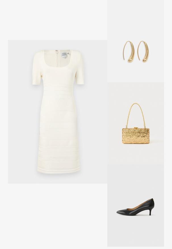 Valge, ribakudumistüübiga kleit ruudukujulise kaelusega ja lühikeste varrukatega; sisaldab horisontaalseid tekstuurimustreid ja seljaosa tõmblukuga sulgumist.; Must musta musta, millel on terav nina, madal konts ja sile tekstuur. Omab pisut avatud osa ees ja minimaalset riistvara taga.; Kullatud kaunistustega kott ristküliku kujuga, millel on keeratud ahelast käepide ja metallist lukuga sulgur, peegeldades valgust tekstuurse viimistlusega.; Kuldtoonilised metallist rõngas kõrvarõngad, millel on kõver ja piklik kuju. Omavad siledat, läikivat pinda ja ümarat tipptugevdust, mis lisab detaili.