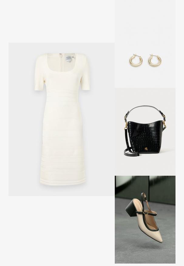 Bela, rebrasta pletena obleka s kvadratnim izrezom in kratkimi rokavi; vsebuje horizontalne teksturne vzorce in zadrgo na hrbtni strani.; Bežna slingback čevlja z uskim sprednjim delom, črnimi detajli, zlatim zaponko in debelim blokovskim peto na sivi tleh s temno zeleno ozadje.; Črna torbica iz usnja z embosiranim krokodiljim vzorcem, ukrivljene oblike, z zlatimi akcenti, nastavljivim trakom in podrobnostjo logotipa spredaj.; Lauren Ralph Lauren BASIC SMALL HOOP - Uhani - gold-coloured