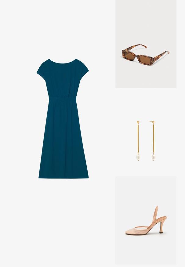 Teal-farbenes, knielanges Kleid aus weichem Material mit rundem Ausschnitt, kurzen Ärmeln und einem elastischen Taillenbund für eine lockere Passform.; Nude Mesh Slingback-Pumps mit spitzem Zeh, schmalem Knöchelriemen und einem Stiletto-Absatz, der am Fußbereich einen schwarzen Akzent aufweist.; Schildpattsonnenbrille mit rechteckigen, braunen Gläsern, einem dicken Rahmen und schmalen Bügeln, die ein Muster aus verschiedenen Brauntönen aufweisen.; Ohrringe in Goldfarbe mit langen Stäben und runden Perlen an den Enden. Die Stäbe sind glatt, und die Perlen haben eine glänzende Oberfläche.