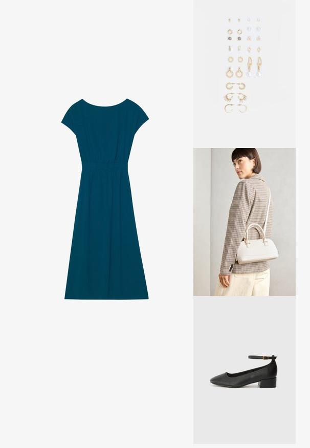 Sinine, põlvepikkune kleit pehmest materjalist, millel on ümmargune kaelus, lühikesed varrukad ja elastne vöökoht mugavaks sobivuseks.; Must mustaapp, millel on terav nina ja madal blokk-kand. Omab pahkluu rihma koos kuldse tooni pandlaga. Sile tekstuur.; Valge struktureeritud käekott lühikeste käepidemete ja õlavööga, millel on kuldse riistvara aktsendid ja tekstuuriga materjal, eksponeeritud halli taustal.; Kullastusust kõrvarõngaste komplekt, mis sisaldab erinevaid disaine, sealhulgas nööpe, rõngaid ja riputatavaid tükke, millel on pärlid ja rhinestones.