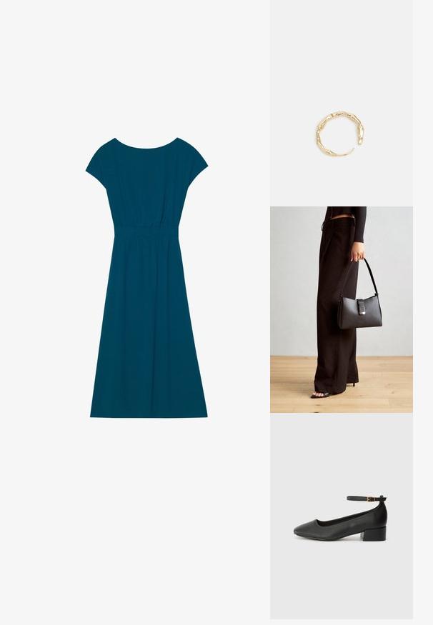 Teal knælang kjole lavet af blødt materiale, med rund halsudskæring, korte ærmer og en elastisk talje for en afslappet pasform.; Sorte læderpumper med spids tå og en lav blokhæl. Har en ankelrem med en guldfarvet spænde. Glat tekstur.; Sort håndtaske med struktureret form, glat overflade og metalspænde. Sammen med brede sorte bukser og sandaler med åben tå på trægulv.; Guld-tone ring med et organisk, snoet design, glat overflade og affasede ender, hvilket skaber et moderne, skulpturelt udseende.