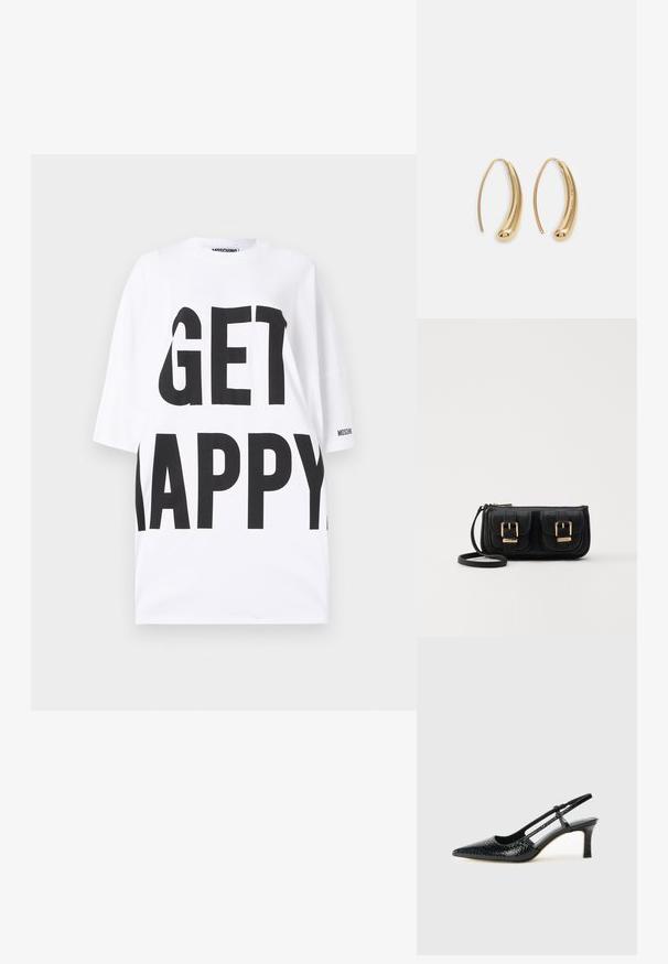 MOSCHINO READ THROUGH THE LINES - Trikotaažkleit - fantasia bianco; Mustmust paelad, millel on terav varvas, tekstuuriga maduprindiga, reguleeritav rihm ja lühike tekstuuriga plokknina.; Must küllastamata nahast õlakott, millel on kaks esist nähtavat taskut, kuldsed pandlad, tõmblukuga sulgemine ja peen rihm. Tekstuuriga pind ja kompaktne ristkülikukujuline kuju.; Kuldtoonilised metallist rõngas kõrvarõngad, millel on kõver ja piklik kuju. Omavad siledat, läikivat pinda ja ümarat tipptugevdust, mis lisab detaili.