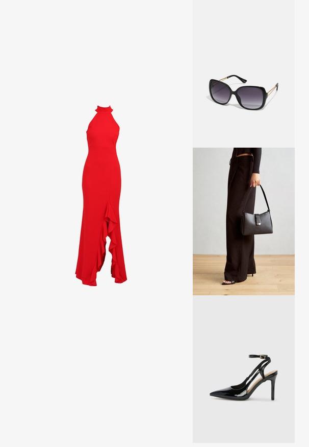 Crvena halter haljina s pripijenim korzetom i raširenim volanom. Izrađena od glatkog materijala, s elegantnom siluetom.; Crne lakirane kožne cipele na visokom potplatu sa otvorenim petama, špicastim vrhom i podesivim remenom oko gležnja. Glatka tekstura.; Crne prevelike sunčane naočale s gradijentnim lećama, debelim okvirom i zlatnim lancem kao detaljem na krakovima.; Crna torba s oblikom koji sadrži strukturu, glađu teksturu i metalnu kopču. Uparena s širokim crnim hlačama i sandalama na otvorenom s drvenog poda.