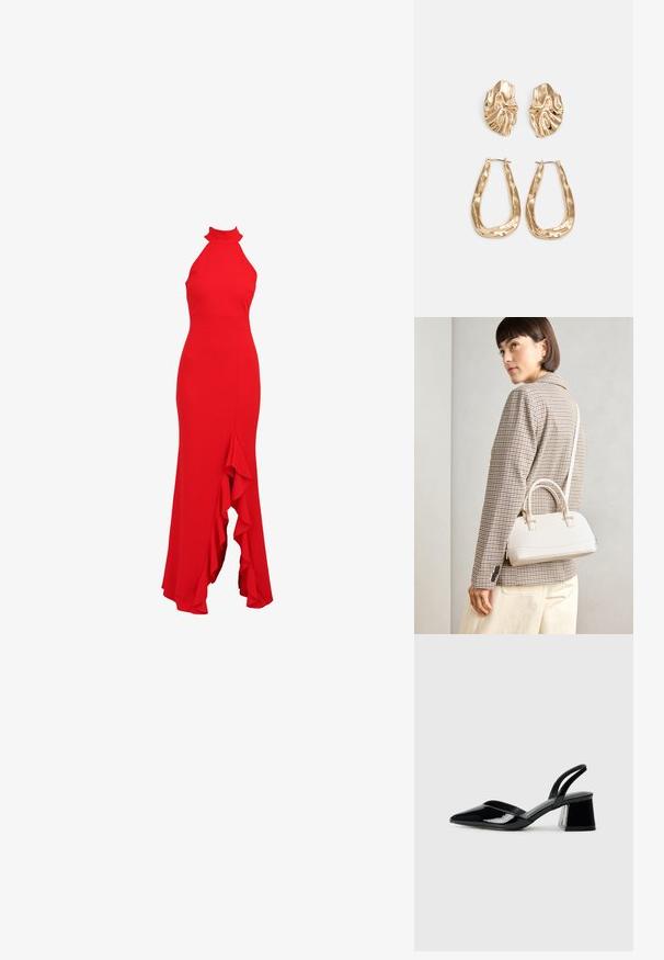 Rød halterneck kjole med en tætsiddende overdel og flared flæsekanter. Lavet af et glat stof, der har en elegant silhuet.; Sorte patentlæder slingback hæle med spids tå og en geometrisk blok hæl. Har et elegant, minimalistisk design og en glat tekstur.; Hvid struktureret taske med korte håndtag og en skulderrem, prydet med guldfarvede hardwaredetaljer og tekstureret materiale, præsenteret mod en grå baggrund.; Guldtonede øreringe med teksturerede, bølgede former. Inkluderer skulpturelle clips og en åben ringdesign med en hamret finish.