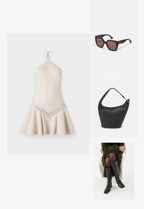 Kratka halter haljina od svijetlosmeđeg materijala, s vertikalnom rebrastom teksturom i vezanjem uz rub. Prigušeni kroj suknje.; Čizme od crne kože do koljena sa četvrtastim vrhom i blok petom, prikazane s manekenkom koja sjedi u maslinasto zelenom kaputu. Glatka tekstura, minimalni detalji.; Kauvasti oblikovane naočale od kornjačevine s smešnim lećama i zlatnim Gucci logotipom na sljepoočnicama, prikazane na bijeloj pozadini.; Crna kožna torba za ruke s zaobljenim oblikom, širokim remenom i teksturiranim završetkom. Sadrži suptilan detalj šava i zlatnu metalnu akcentu.