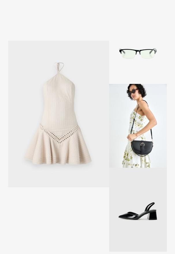 Krátké šaty bez ramínek v světle béžové látce, s vertikálním žebrovaným vzorem a šněrováním podél spodního okraje. Sukně má rozšířený střih.; Černé lakované kožené lodičky na pásku s špičatou špičkou a geometrickým blokovým podpatkem. Vyznačují se elegantním, minimalistickým designem a hladkým povrchem.; Černé obdélníkové brýle s průhlednými čočkami, s elegantními černými obroučkami a šedými průhlednými koncovkami. Minimalistický design, bez viditelného brandingu.; Černá kožená kabelka s křivkovým tvarem, odnímatelným popruhem a zlatými detaily. Kabelka má klopu s přezkou.