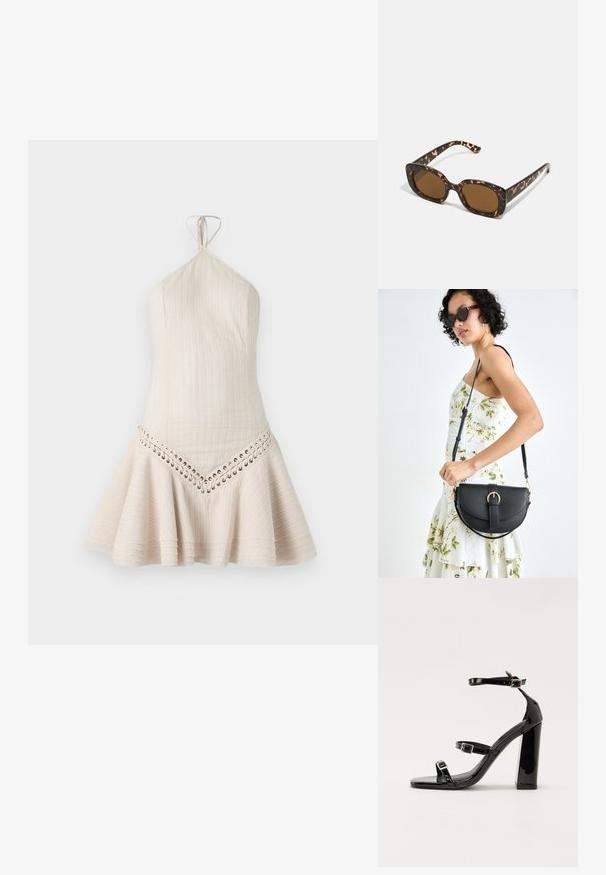 Kort halterneck kjole i lys beige stof med lodret ribbet tekstur og snørredetalje langs kanten. Flareet skørt design.; Sorte patenterede hælsandaler med firkantet tå, ankelremme og sølvspænder. Har en chunky blokHæl for stabilitet.; Skildpadde-solbriller med en rund, kraftig ramme og brune linser. Har subtile mønstre og lige, afsmalnende stænger.; Sort læderhåndtaske med en buet form, aftagelig rem og guldfinish. Tasken har en klap med en spænde detalje.