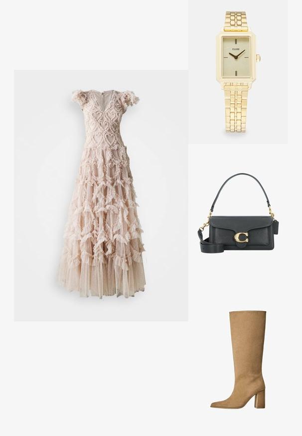 Needle & Thread AMORETTE V NECK GOWN - Gallakjole - sand; Tan ruskinds knæhøje støvler med blokhæle, der har en spids tå og en glat overflade. Minimalistisk design uden udsmykninger.; Sorte læderhåndtaske med et gyldent hardware-udstyr, der har en signaturlås, en aftagelig skulderrem og en tekstureret overflade.; Guldrammet firkantet armbåndsur med en struktureret lysegrøn urskive, to sorte time markører, et guldmetal armbånd og et minimalistisk design.