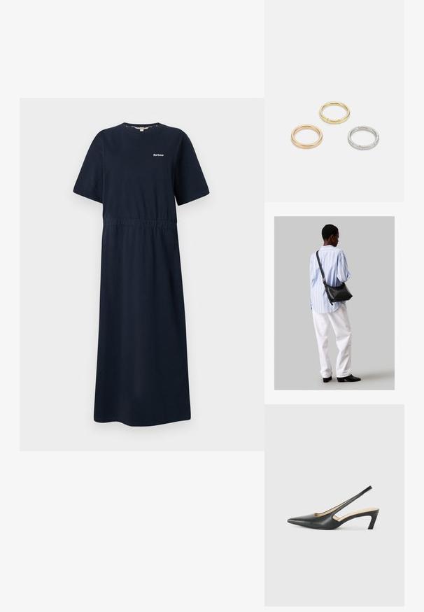 Ναυτικό μπλε βαμβακερό φόρεμα με κοντά μανίκια, στρογγυλή λαιμόκοψη, ελαστική μέση και διακριτό λευκό λογότυπο στο στήθος. Μακρύ, ίσιο σχέδιο.; Μαύρο παπούτσι slingback με αιχμηρή μύτη και χαμηλό τακούνι, κατασκευασμένο από λείο δέρμα με σχέδιο κοπής στη πλευρά για αερισμό.; Μαύρη δερμάτινη τσάντα ώμου με απαλή υφή, τριγωνικό σχήμα και ρυθμιζόμενο λουρί, συνδυασμένη με ένα ανοιχτό μπλε ριγέ πουκάμισο και λευκό παντελόνι.; Τρία μεταλλικά δαχτυλίδια: ένα ροζ χρυσό, ένα χρυσό με υφές και ένα ασημένιο, όλα με εγχαραγμένο λογότυπο στην εσωτερική πλευρά.