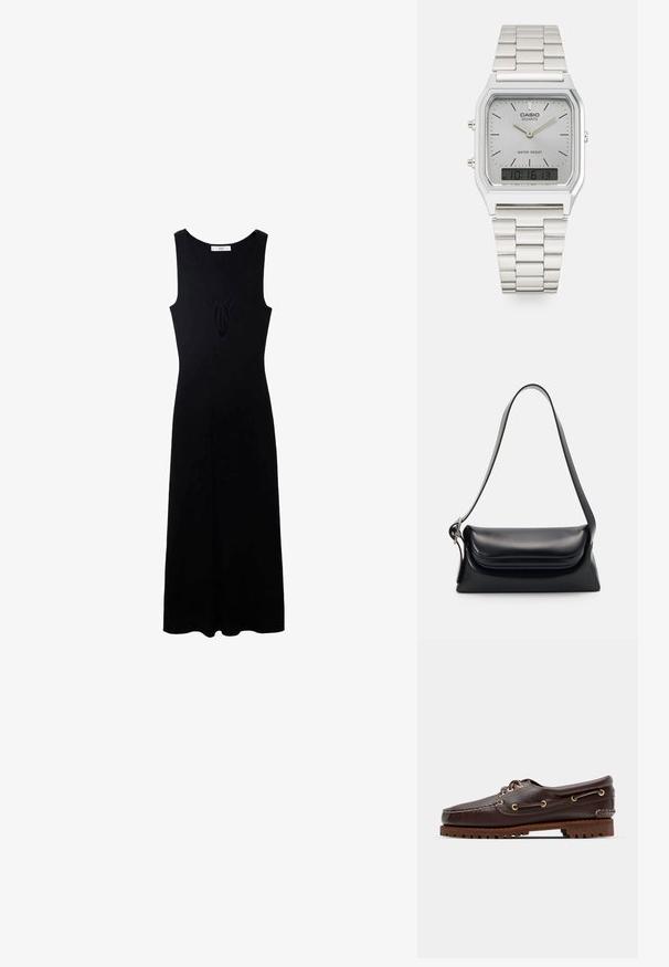 Musta hihaton mekko, jossa on V-pääntie, etuosassa solmitava yksityiskohta ja virtaava A-linjainen siluetti. Valmistettu sileästä kankaasta.; Ruskeaharmaat nahkaiset venesandaalit kultaisilla silmärei'illä, pyöreällä nauhalla ja teksturoidulla ruskealla kumipohjalla. Sisältää kirjontayksityiskohtia ja kohotetun logon.; Musta nahkainen käsilaukku, jossa on jämäkkä muoto, sileä pinta ja yksi olkahihna. Sisältää hienovaraisen, pyöristetyn läppädesignin.; Hopeakotoinen Casio kvartsikello, jossa on suorakaiteen muotoinen kellotaulu, analoogiset ja digitaaliset näytöt, ruostumattomasta teräksestä valmistettu ranneke sekä vedenkestävyysominaisuudet.