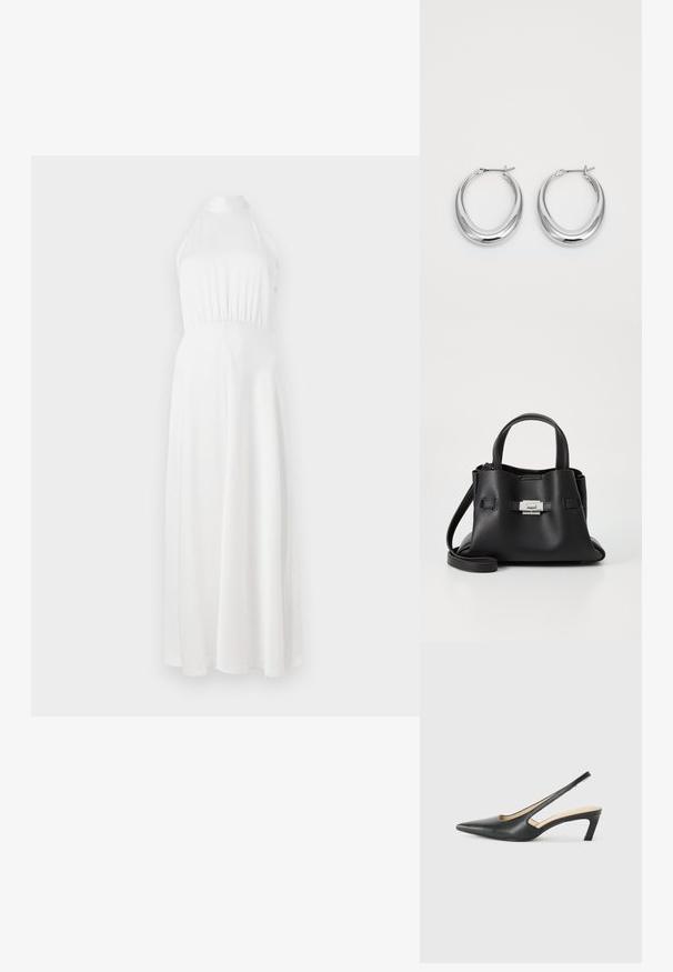 Vestido maxi branco com decote halter, corpete justo, cintura franzida e saia fluida. Tecido suave com um brilho sutil.; Sandal com bico fino e calcanhar baixo, em couro liso, com um design recortado na lateral para respirabilidade.; Bolsa de mão de couro preto com um acabamento texturizado, apresentando duas alças superiores, uma alça de ombro destacável e um detalhe de fecho prateado.; Um par de brincos em forma de lua crescente, prateados e polidos, com fechos articulados sobre um fundo branco.
