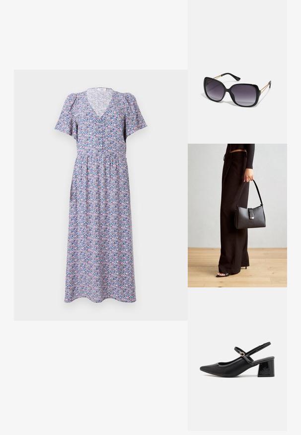 Rochie midi florală cu decolteu în V, mâneci scurte tip puff și un corset ajustat. Prezintă un imprimeu colorat pe un fundal de culoare albastru deschis.; Cizme cu toc slingback din piele sintetică lacuită neagră, cu vârful ascuțit, un design cu decupaj rotunjit și toc bloc. Include un accent cu cataramă de culoare aurie.; Ochelari de soare negri, supradimensionați, cu lentile degradate, rame groase și detalii cu lanț de ton auriu pe brațele templului.; Genți negre cu o formă structurată, textură netedă și un închizător metalic. Asortată cu pantaloni negri largi și sandale cu vârf deschis pe un podea din lemn.