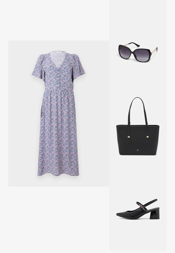 Floral midi dress with a V-neck, short puff sleeves, and a fitted bodice. Features a colorful print on a light blue background.; Black patent leather slingback heels with a pointed toe, a rounded cutout design, and a block heel. Features a gold-tone buckle accent.; Black oversized sunglasses with gradient lenses, thick frames, and gold-tone chain detailing on the temple arms.; Black tote bag made of synthetic material, featuring simple rectangular design, gold square accents, and double handles.