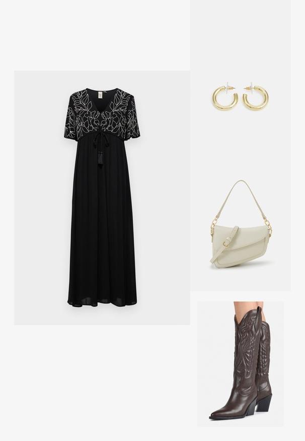 Černé maxi šaty s krátkými rukávy, výstřihem do V a detailním bílým květinovým vyšíváním. Dokončeno stahovací šňůrkou a ozdobnými třásněmi.; Hnědé kožené kovbojské boty s špičatou špičkou a blokovým podpatkem, se zdobným prošíváním a vyvýšenými akcenty na nárazu.; Malá krémová kabelka s texturovaným povrchem, dlouhým nastavitelným popruhem, řetízkovým akcentem a klopou. Ozdobné detaily zlaté barvy.; Zlaté kruhové náušnice s hladkým, lesklým povrchem. Kruhový design s malým kolíčkem a průhledným záznamem pro bezpečné nošení.