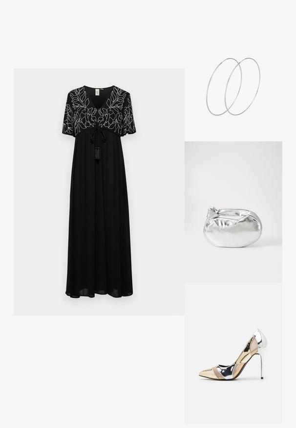Čierna maxi šaty s krátkymi rukávmi, V-výstrihom a podrobnou bielou kvetinovou výšivkou. Dokončené s viazaním a ozdobami s strapcami.; Lodičky s špičatou špičkou v striebornom, zlatom a telovom farebnom prevedení. Lesklý povrch s výrezovým dizajnom, s ihlovým opätkom.; Strieborná metalická taška s mäkkým, zaobleným tvarom a uzáverom s uzlíkom. Vyrobená z hladkej syntetickej kože.; Strieborné kruhové náušnice s minimalistickým dizajnom. Cirkulárny tvar, hladký povrch a tenký profil. Ľahké s lesklým povrchom.