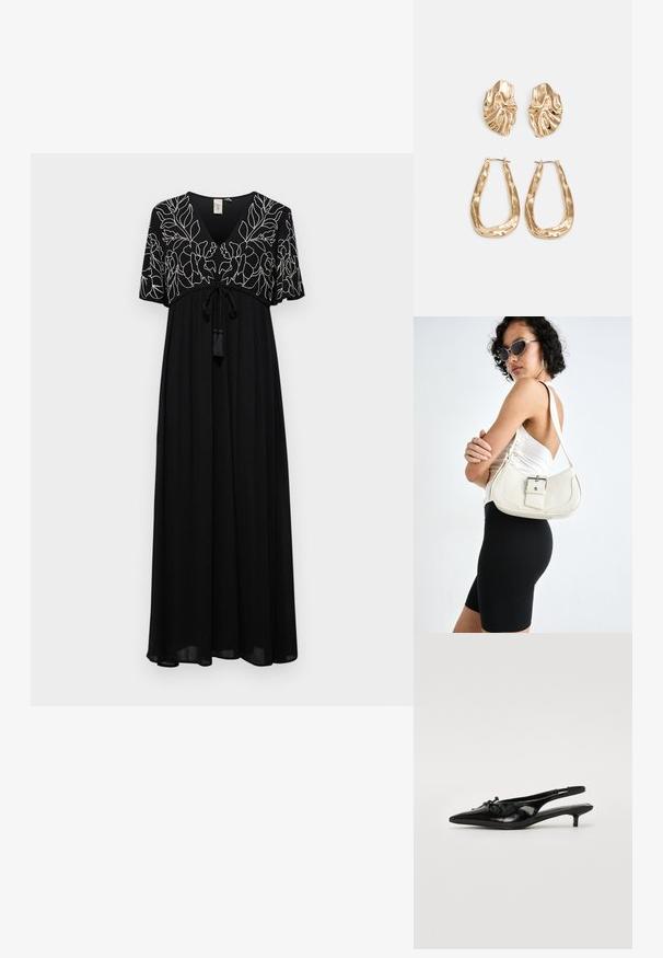 Rochie maxi neagră cu mâneci scurte, decolteu în V și broderie florală albă detaliată. Finalizată cu un șnur și accente cu ciucuri.; Pantofii slingback din piele patent neagră, cu vârf ascuțit, toc mic și detaliu decorativ sub formă de nod în partea din față. Textură netedă.; Geantă de piele albă cu o formă curbată, curea reglabilă și un detaliu mic cu cataramă. Modelul poartă o ținută neagră ajustată.; Cercei aurii cu forme texturate și ondulate. Include studs sculpturale cu clip și un design de cerc deschis cu un finisaj cioplit.